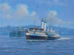 Painting White Funnel steamer Cardiff Queen leaving Clevedon Pier, oil on canvas 12" x 16"