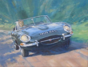Jaguar e-type, painting by automotive artist Stuart Booth