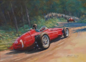 Painting of Fangio, Maserati 250F, German Grand Prix, Nurburgring 1957