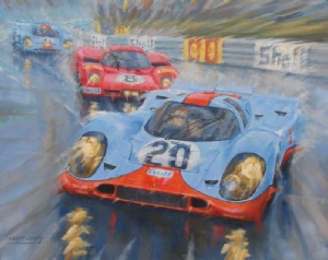 Painting of Gulf Porche 917, 1970 Le Mans, motoring artist Stuart Booth