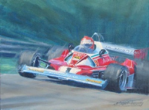 Niki Lauda, Ferrari 312T, 1976 Italian Grand Prix, motoring art by automotive artist Stuart Booth