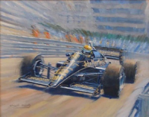 Painting of Ayrton Senna, Lotus 97T, 1985 Monte Carlo Grand Prix